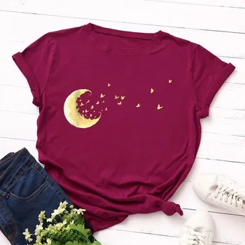 Poletje Ženske Majica Plus Velikost 5XL Bombaž Ustvarjalne Luna Tiskanja Ženski Kratek Rokav Prevelik Tshirts Priložnostne Graphic Tee Vrhovi