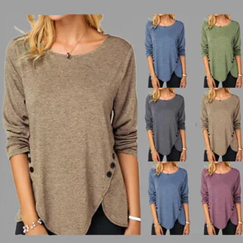 Nepravilna Priložnostne Bombaž Majica za Ženske z Dolgimi Rokavi Gumb O-Vratu Plus Velikost 5XL Ženske Barva Oblačila Tee Majice