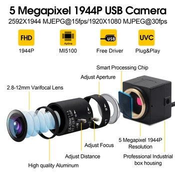 5.0 milijona slikovnih pik Nadzor, USB Webcam 2592 x 1944 Mjpeg YuY2 2.8-12mm varifocal leča 1/2.5 Aptina MI5100 CMOS Video Kamero USB