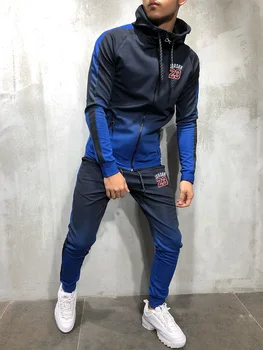 Moda za moške zadrgo šport gradient barve 3Dprinting priložnostne šport moški pulover s kapuco spomladi in jeseni športni pulover s kapuco + hlače