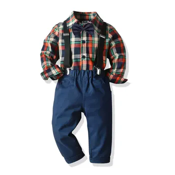 Pomlad Obleko za Fanta od 2 do 9 Leto Smart Kariran Majice z Dolgimi Rokavi + Minimalističen Trdna Bombaž Suspender Hlače Nastavite Otroci Fantje Oblačila Sklop
