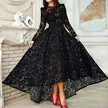 Črni Muslimani Večerne Obleke 2020 A-linije Dolge Rokave Čaj Dolžina Čipke Islamske Dubaj Savdska arabski Dolge Elegantne Večerne Obleke