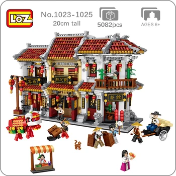 LOŠKI Mesta Starodavnih Ulic in Chinatown Teahouse Gostilni Lekarna Hotel 3D Model DIY Mini Bloki, Opeke Stavbe Igrača za Otroke, št Polje
