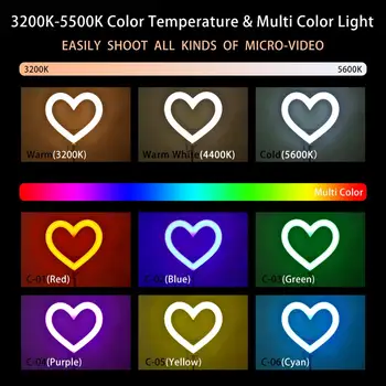 FOSOTO Led RGB Lahka Srca-obliki Fotografske Razsvetljavo 3200K-5600K Lučka S Stojalom in USB vhod Za Video Kamero Telefona, Ličila