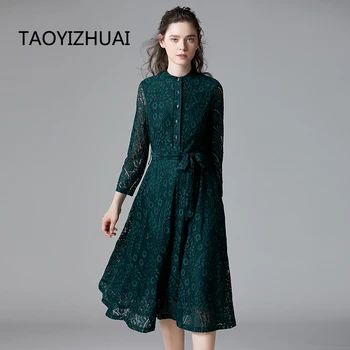 TAOYIZHUAI jeseni casual stil oblačenja pri ženskah o vratu fit in flare visoko pasu gumb za zapestje, koleno dolžina plus velikost 14294