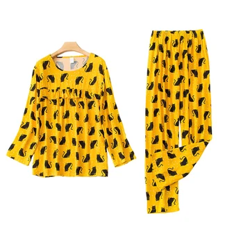 2020 Novo Saten Pižamo za Ženske 2Pcs Pjs Domov Nositi Oblačila Cvjetnim Tiskanja Bombaža Ženske Svoboden Spanja Nightclothes Sopihanje Določa