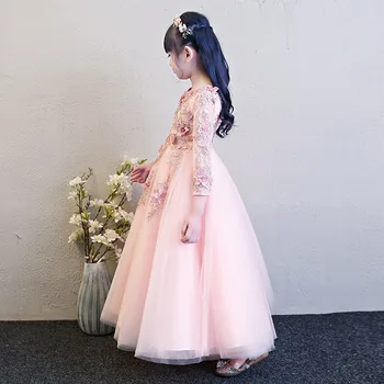 Elegantno Roza Til Cvet Dekle Obleko za Poroko Dolg Rokav Appliques Otroci Prom Stranka Obleko za Prvo Obhajilo Obleke Princess