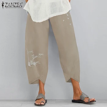 Ženske Natisnjeni Hlače 2021 ZANZEA Stilsko Jeseni Harem Hlače Priložnostne Elastični Pas Dolgo Pantalon Palazzo Plus Velikost Repa 5XL