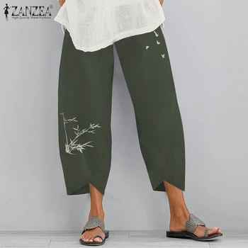Ženske Natisnjeni Hlače 2021 ZANZEA Stilsko Jeseni Harem Hlače Priložnostne Elastični Pas Dolgo Pantalon Palazzo Plus Velikost Repa 5XL