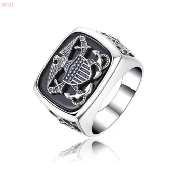 2020 nov modni S925 Sterling Srebro Moški prstan vdelan s Črno naravni kamen Ročno Izrezljane Orel tajski srebrni prstan za moške