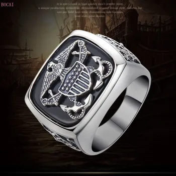 2020 nov modni S925 Sterling Srebro Moški prstan vdelan s Črno naravni kamen Ročno Izrezljane Orel tajski srebrni prstan za moške