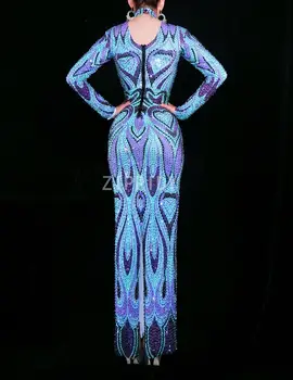 Utripajoča Modra Vijolična Okrasnih Obleko Žensk Rojstni dan Praznovanje Obleko Večer Stranka Obleko Ženske Pevka Dolgo Obleko