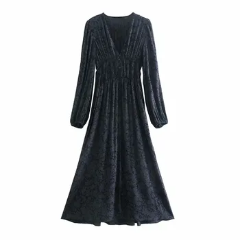PSEEWE Za Črno Natisnjeni Dolga Obleka Ženske 2020 Dolgo Puff Rokav Vintage Midi Obleka Ženska Robom Spredaj Vent Ruched Priložnostne Obleke