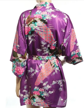 Blagovne znamke Purple Ženski Natisnjeni Cvetlični Kimono Obleko Obleke Kitajski Slog Saten Svila Haljo Nightgown Cvet S M L XL XXL