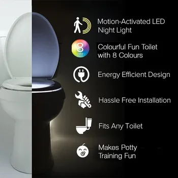 Toilet Bowl LED Noč Svetlobni Senzor Gibanja Predstavlja za Sedež Novost Kopalnici Dodatek 8-barvno Razsvetljavo Barva Spreminja, Svetilke