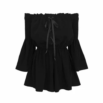 Poletje Seksi Backless Off Ramenski Black Jumpsuit Ženske Elastični Pas Priložnostne Svoboden Flare Rokav Playsuits Gothic Moda