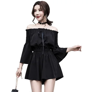Poletje Seksi Backless Off Ramenski Black Jumpsuit Ženske Elastični Pas Priložnostne Svoboden Flare Rokav Playsuits Gothic Moda