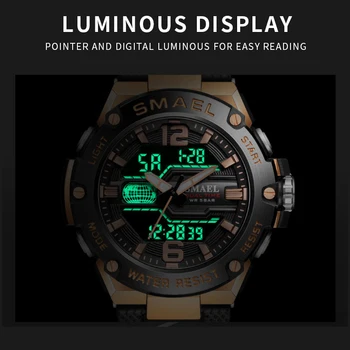 SMAEL 3 Čas Luksuzni Šport Ure Moških Dual Display Nepremočljiva 50m Kronograf Vojaške Ure Big Izbiranje Moški Budilka 8033