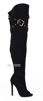 Stegno Visoki Škornji Ženske Visoke Kakovosti Sponke Oblikovalec Open Toe Tanke Visoke Pete Dolgo Čevlji za Ženske