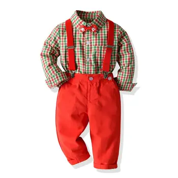 Jeseni Fant Obleke Obleko za Otroke Božič Obleko Kariran Majica Rdeče Pasu + Hlače Otrok Dolge Rokave Outwear 1 2 3 4T 5 6 Let