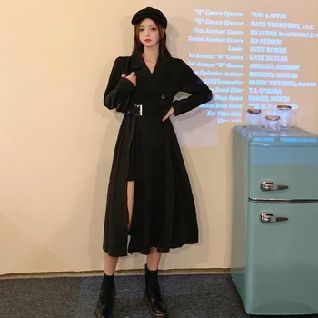 Ženske, Dolg Rokav Obleka Zarezo Visoko Pasu Sashes Strani špranjske A-linijo, oblikovali Nove Sredine tele Trdna korejskem Slogu Elegantna Ulzzang Ins Femme