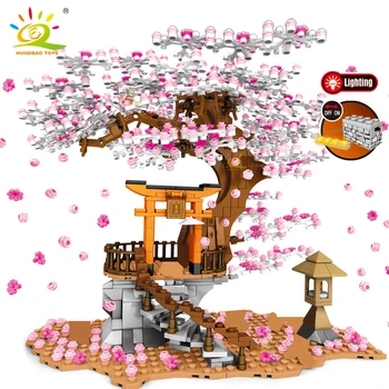 HUIQIBAO 1167PCS Pomlad Sakura Češnjev Cvet Sezone gradniki Mesto Ulici Opeke, Gradbeništvo Igrača Za Otroke, Prijatelje