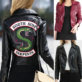 Ženske Riverdale Usnjene Jakne Pozimi Slim Motocikel Bomber Jakno Coats Južni Strani Serpents Natisnjeni Črno Vino, Rdeče