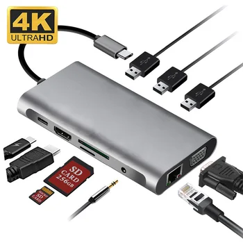Dock, USB, C Zvezdišče USB 3.0 Tip C VGA priključek RJ45 PD HDMI priključek za Razširitveno Postajo Adapter Pretvornik za Notebook Laptop USB-C HUB