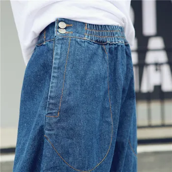 Vrečasta hlače Harajuku moda hip hop kavbojke elastični pas gumb strani denim Gleženj-dolžina hlače plus velikost Modrega Jeansa Joggers 5022