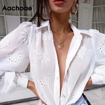 Aachoae Ženske Elegantna Vezenino Bombažno Bluzo Majica 2020 Elegantno Znižuj Ovratnik Majica Dolg Rokav Priložnostne Bluze Vrhovi