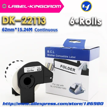6 Zvitkih Združljiv DK-22113 Oznaka 62mm*15.24 M Neprekinjeno Združljiv za Brother Tiskalnik za Etikete na Pol Prozoren Material
