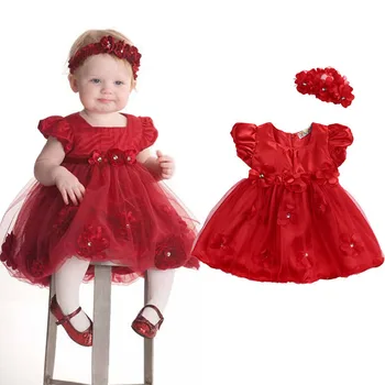 Baby Dekleta Rdeče Cvetlični Obleke Deklica Očesa Til Kratek Rokav Glavo Svate Pokrivala Obleko Obleke Poletje Obleko