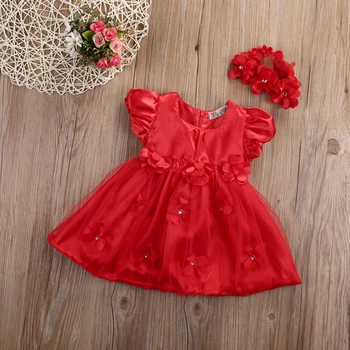 Baby Dekleta Rdeče Cvetlični Obleke Deklica Očesa Til Kratek Rokav Glavo Svate Pokrivala Obleko Obleke Poletje Obleko