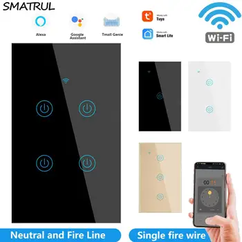 SMATRUL 220V NAS Tuya Smart WiFi Steno Dotik Stikala za Luč App 1/2/3/4 Banda Ni Nevtralna Žice 2 V 1Voice Stekla googlova Domača stran Alexa
