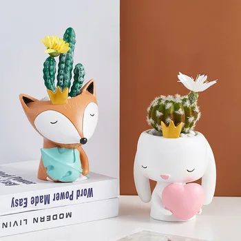 Doma Vrt Dekoracijo Sočna Planter Cartoon Živali Cvetlični Lončki Srčkan Lisica, Zajec Figurice Pečnice Miniaturni Model Obrti