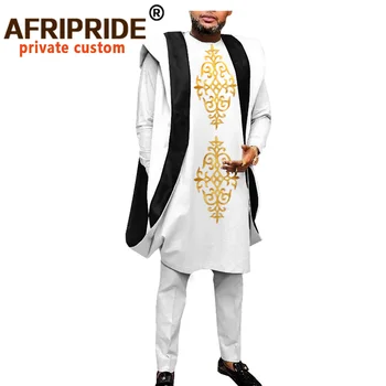 Afriška Oblačila za Moške, Dashiki Vezenje Agbada Haljo Plus Velikost Dashiki Obleke, Plašči Majice in Hlače, 3 Kos Set A2016044
