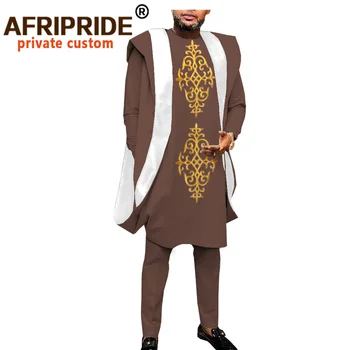 Afriška Oblačila za Moške, Dashiki Vezenje Agbada Haljo Plus Velikost Dashiki Obleke, Plašči Majice in Hlače, 3 Kos Set A2016044