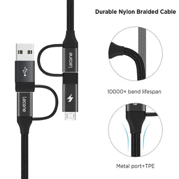 Lecone 4 v 1 Multi-Kabel za polnjenje Prenos Podatkov Najlon Pleteni Tip C Mikro vrata USB za vse Android naprave in tip C naprav
