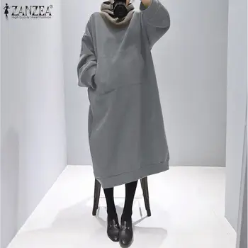Plus Velikost Moda Hoodies Obleka Ženske Jeseni Maxi Sundress ZANZEA 2021 Priložnostne Sprednji Pocket Majica Vestidos Ženski Trdna Robe