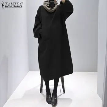 Plus Velikost Moda Hoodies Obleka Ženske Jeseni Maxi Sundress ZANZEA 2021 Priložnostne Sprednji Pocket Majica Vestidos Ženski Trdna Robe