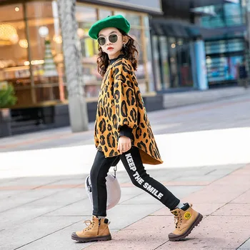 8 10 letih Dekleta Oversize Leopard Tiskanja Vrhovi Jeseni, Pozimi Zgostitev Majica otroška Oblačila