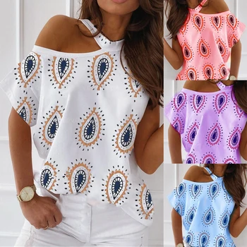 Moda za Ženske, Kratek Rokav Povodcem Hladno Ramo Paisley Natisni T-shirt Bluzo Vrh Povodcem Design Paisley Tiskanja Hladno Ramo Blous
