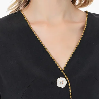 VOA 30 m/m, težka svila Proti-vrat dolgo sleeved plašč ženske zlato vezeni eno vrstico lupini gumb intelektualne črno jakno WE7