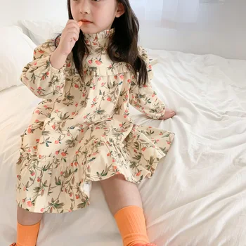 Otrok 2020 Jeseni Girls Moda Bombaž Cvetlični Dolgo Sleeved Princesa Obleko Baby Toddler Čipke Pastorala Flower Obleke