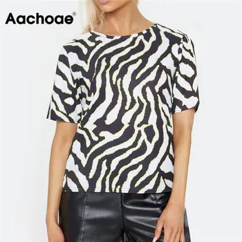 Aachoae Ženske Poletje T shirt 2020 Zebra Print Kratek Rokav T-shirt Priložnostne Svoboden Vrhovi Tees Seksi Ulične Tshirts Camisas Mujer