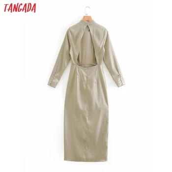Tangada 2020 Jesenska moda za ženske trdna satenasto obleko z dolgimi rokavi urad ženske midi obleko nazaj zadrgo XN26