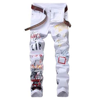 ABOORUN Moda za Moške Suh Svinčnik Kavbojke Rdeče Tiskanih Slim fit Traper Hlače Hip Hop Moškega Jeansa Joggers YC1333