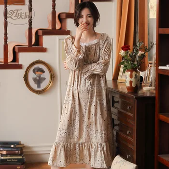 Ženske Bombaž Dolg Rokav Nightdress Pomlad Tanke Lepo Princeso Svoboden Plus Velikost Sleepwear Dolgo Korejski Retro Palace Sleepshirts