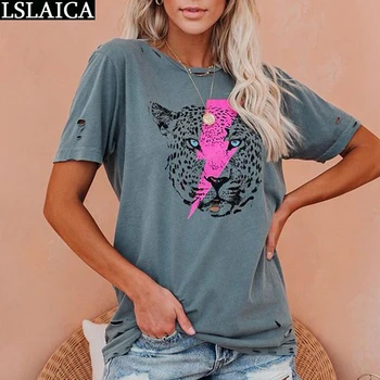 Majice Kratek Rokav O-Neck zgornji deli oblacil Ženske 2020 Tiger Glavo Tiskanja Priložnostne Majice Ženske Strele Tiskanja Oblačila Modni T-shirt Femme