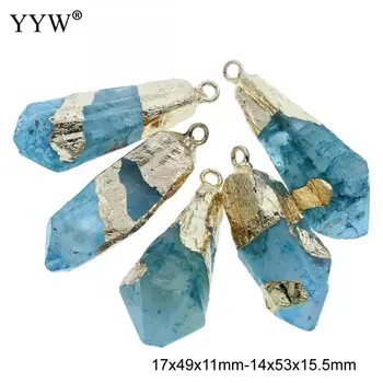 YYW 5PCS Zlato, ki je Napolnjena Ledu Quartz Agates Obesek Za Ogrlico Nakit 14x53mm Blue Rose Barve, Naravni Kristalni Kamen Druzy Obesek